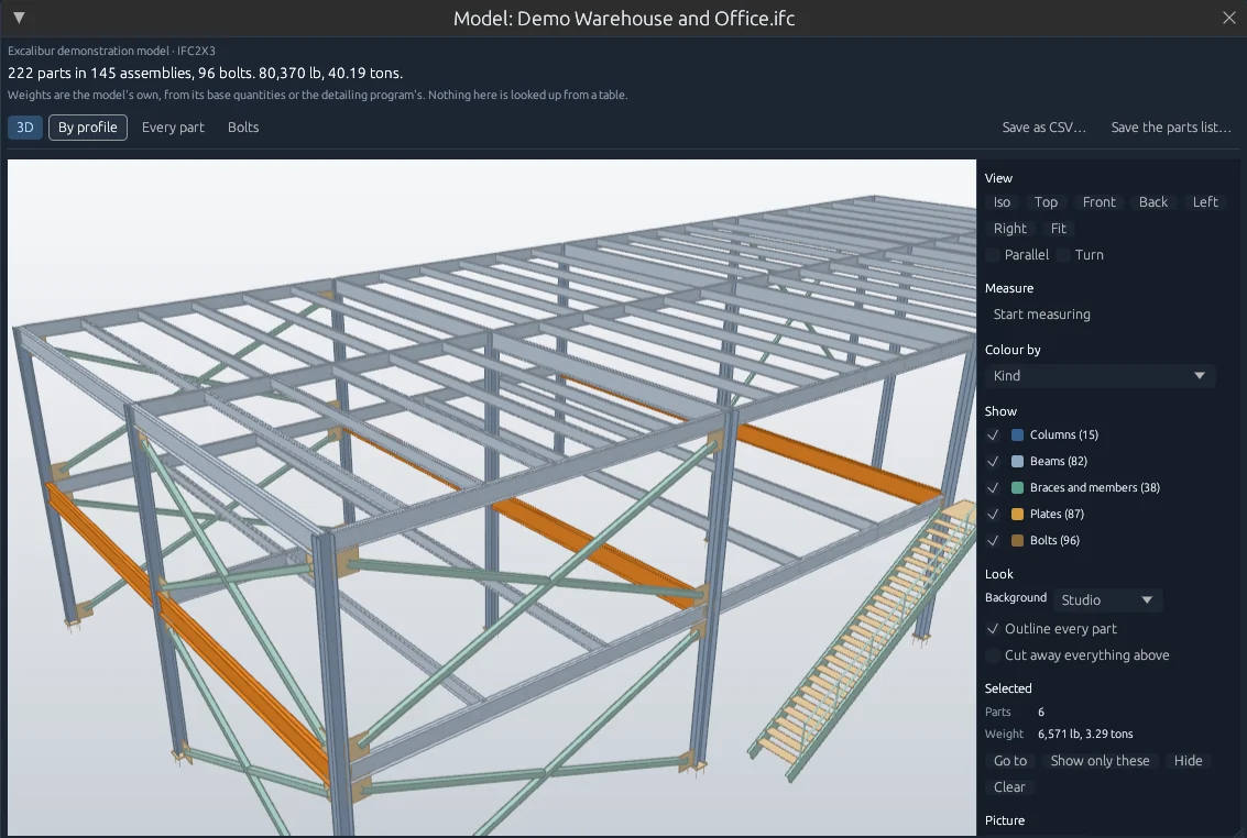 A two-storey steel frame in Excalibur View's 3D tab, with six W21X44 girders lit up in orange and their total weight in the panel beside it.