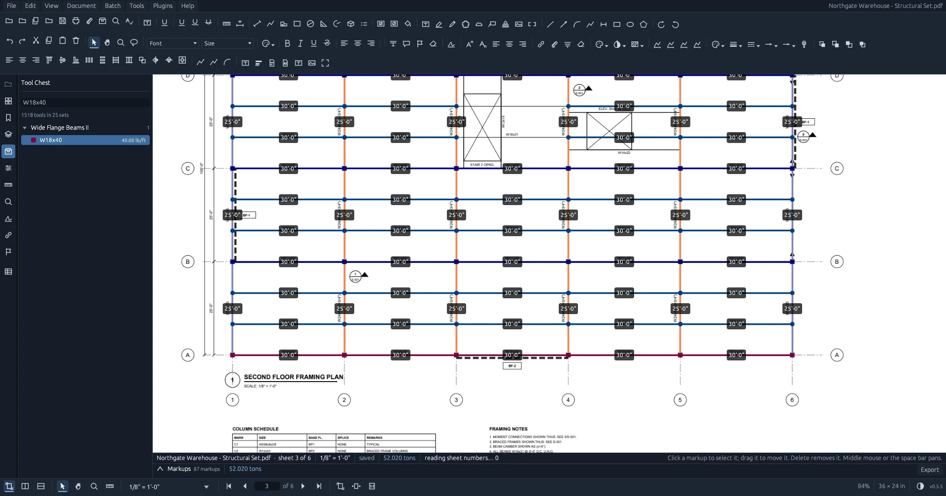 A framing plan zoomed in, with takeoff markups on every member.