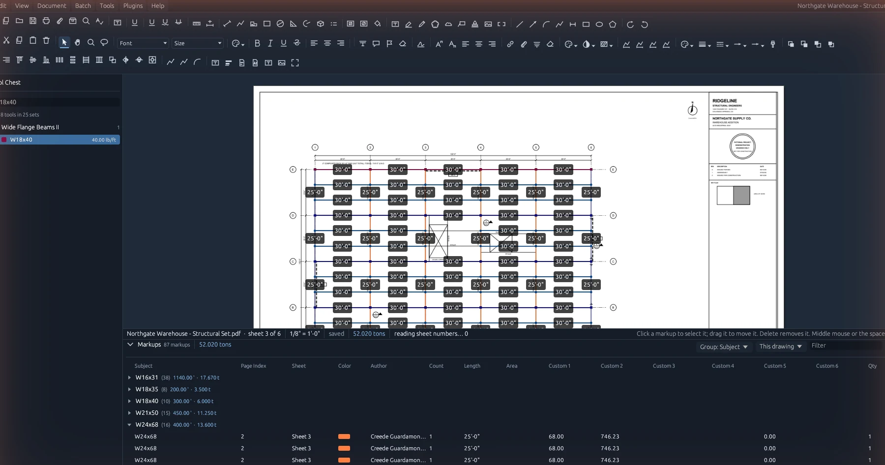 The markups list open under the drawing, grouped by subject with totals.